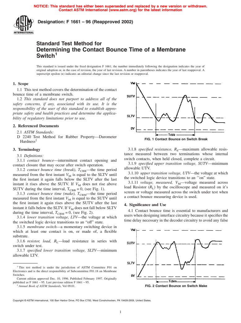 ASTM F1661-96(2002) - Standard Test Method for Determining the Contact Bounce Time of a Membrane Switch