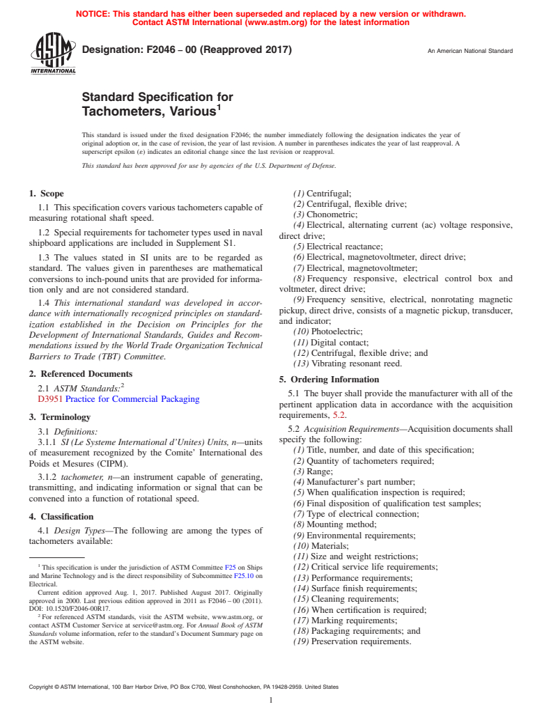 ASTM F2046-00(2017) - Standard Specification for  Tachometers, Various