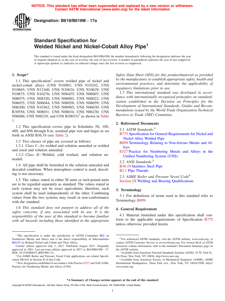 ASTM B619/B619M-17a - Standard Specification for Welded Nickel and Nickel-Cobalt Alloy Pipe