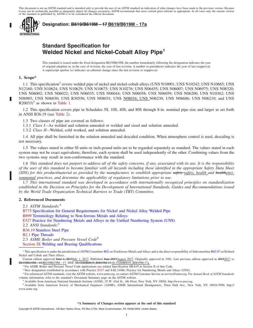 REDLINE ASTM B619/B619M-17a - Standard Specification for Welded Nickel and Nickel-Cobalt Alloy Pipe