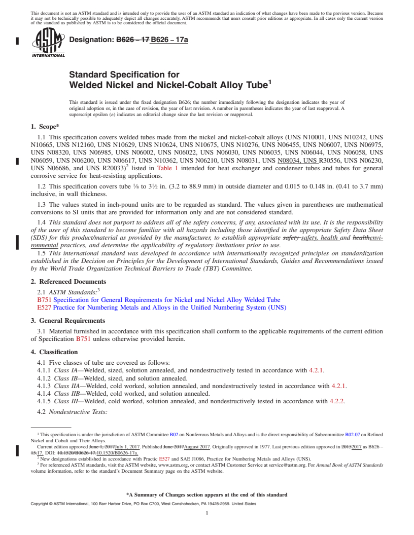 REDLINE ASTM B626-17a - Standard Specification for Welded Nickel and Nickel-Cobalt Alloy Tube