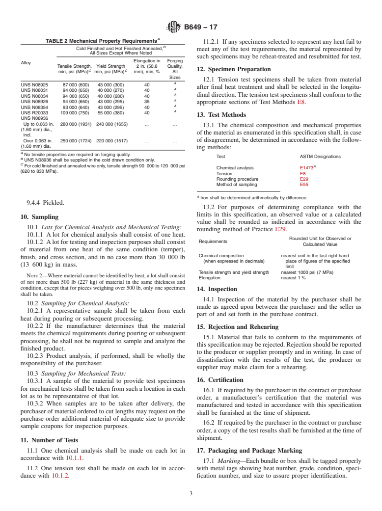 ASTM B649-17 - Standard Specification for Ni-Fe-Cr-Mo-Cu-N Low-Carbon Alloys (UNS N08925,<brk/> UNS N08031,  UNS N08034, UNS    N08354, and UNS N08926), and Cr-Ni-Fe-N Low-Carbon  Alloy (UNS R20033)    Bar and Wire, and Ni-Cr-Fe-Mo-N Alloy (UNS N08936)  Wire