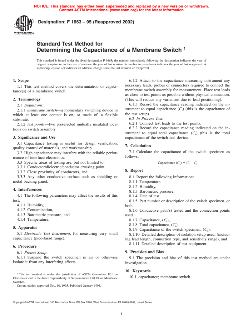 ASTM F1663-95(2002) - Standard Test Method for Determining the Capacitance of a Membrane Switch