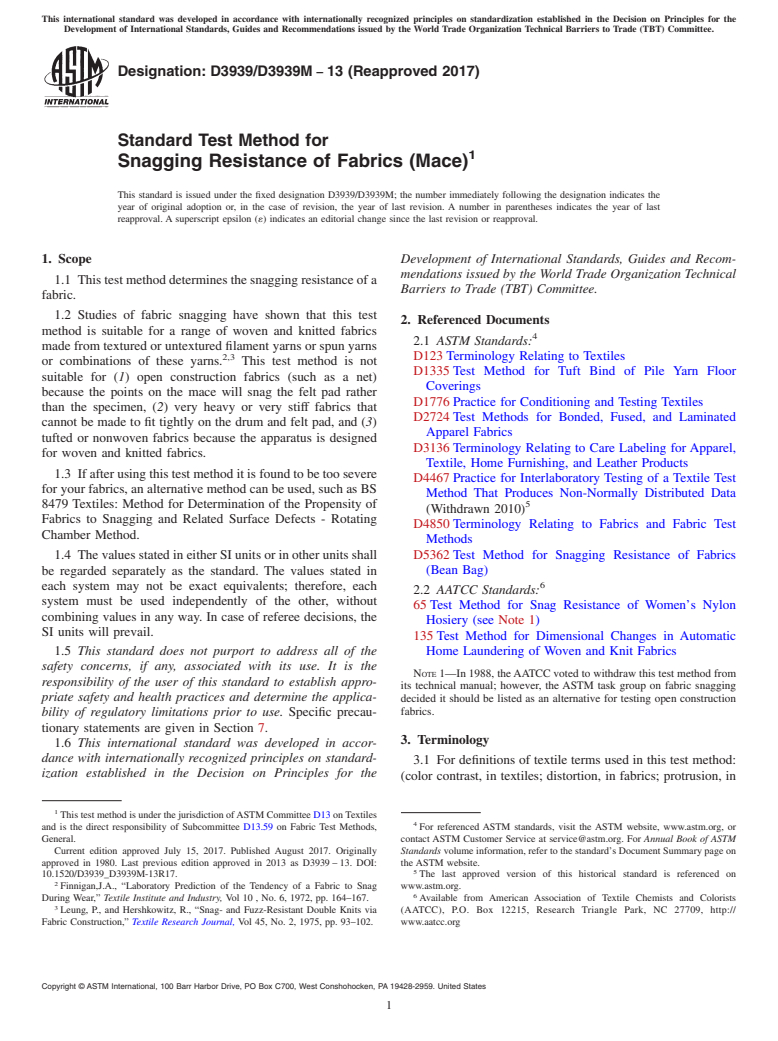 ASTM D3939/D3939M-13(2017) - Standard Test Method for  Snagging Resistance of Fabrics (Mace)