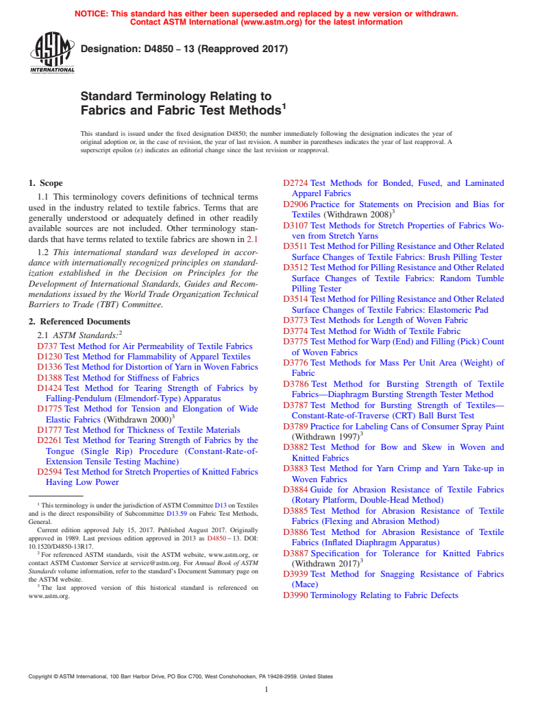 ASTM D4850-13(2017) - Standard Terminology Relating to  Fabrics and Fabric Test Methods