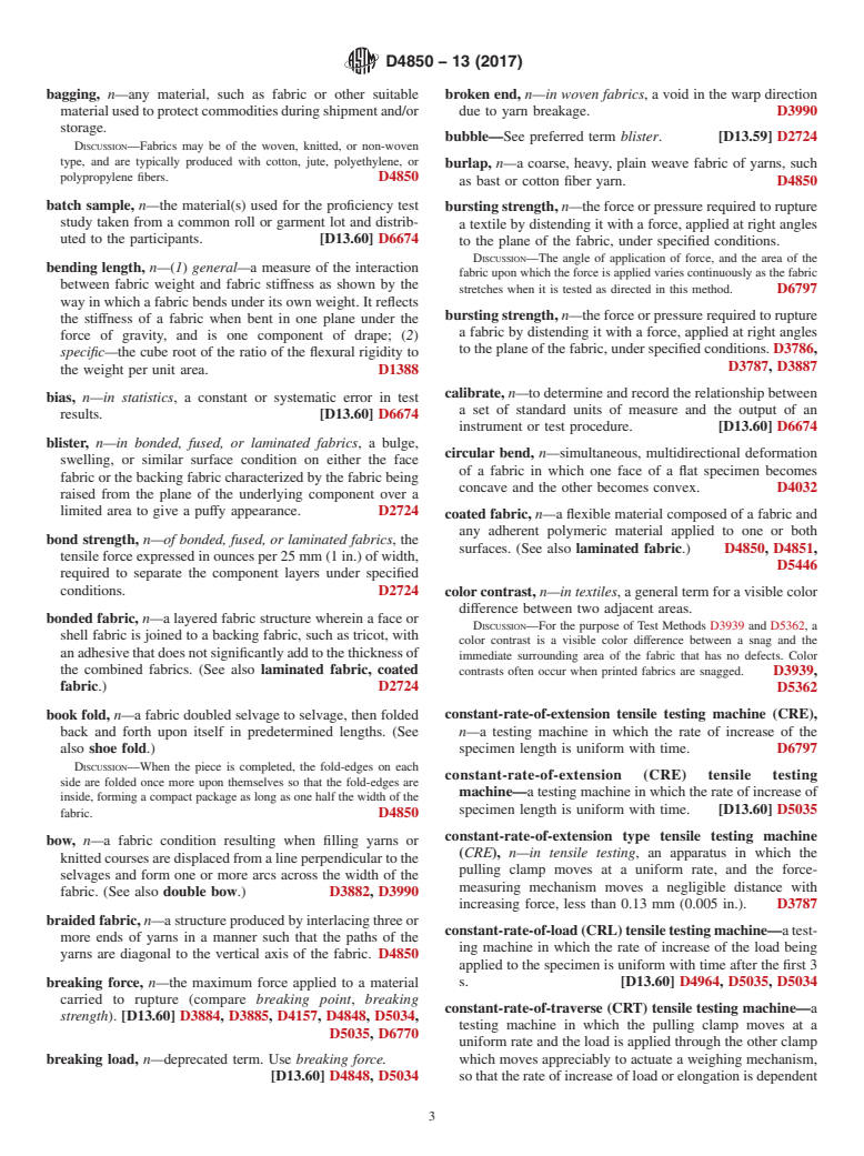 ASTM D4850-13(2017) - Standard Terminology Relating to  Fabrics and Fabric Test Methods