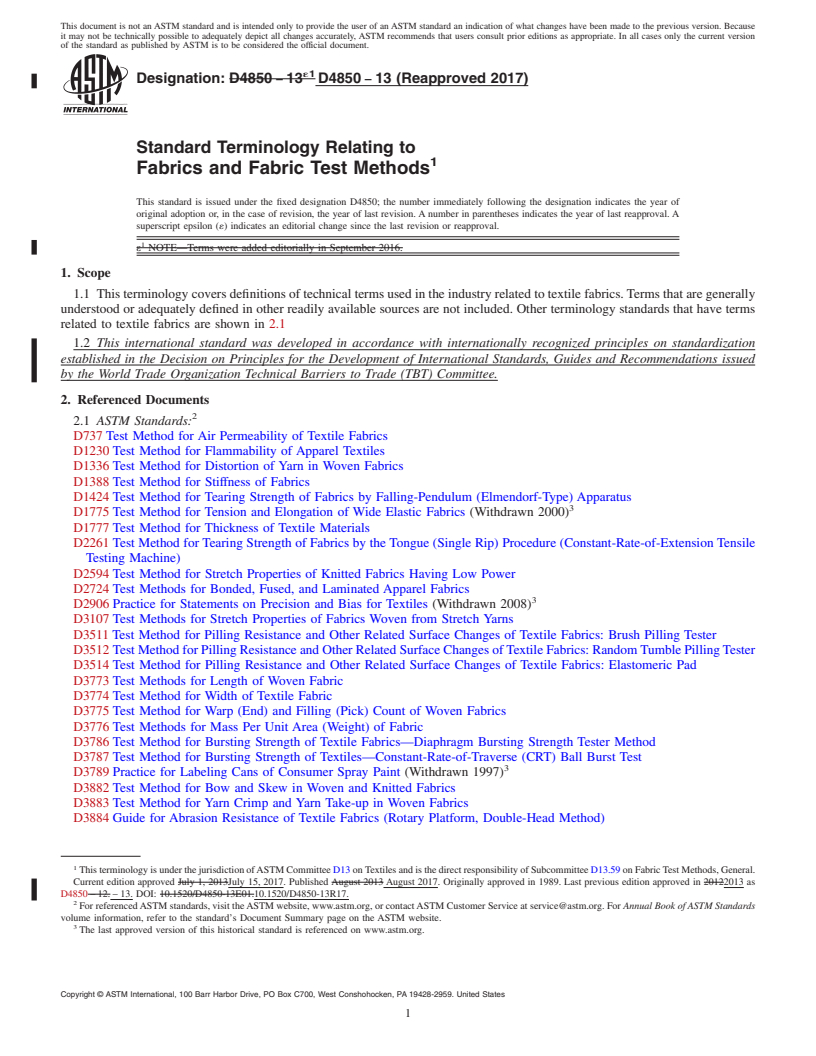 REDLINE ASTM D4850-13(2017) - Standard Terminology Relating to  Fabrics and Fabric Test Methods