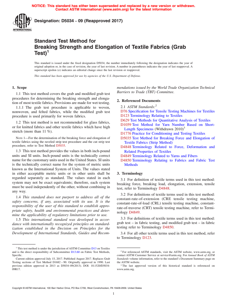 ASTM D5034-09(2017) - Standard Test Method for  Breaking Strength and Elongation of Textile Fabrics (Grab Test)