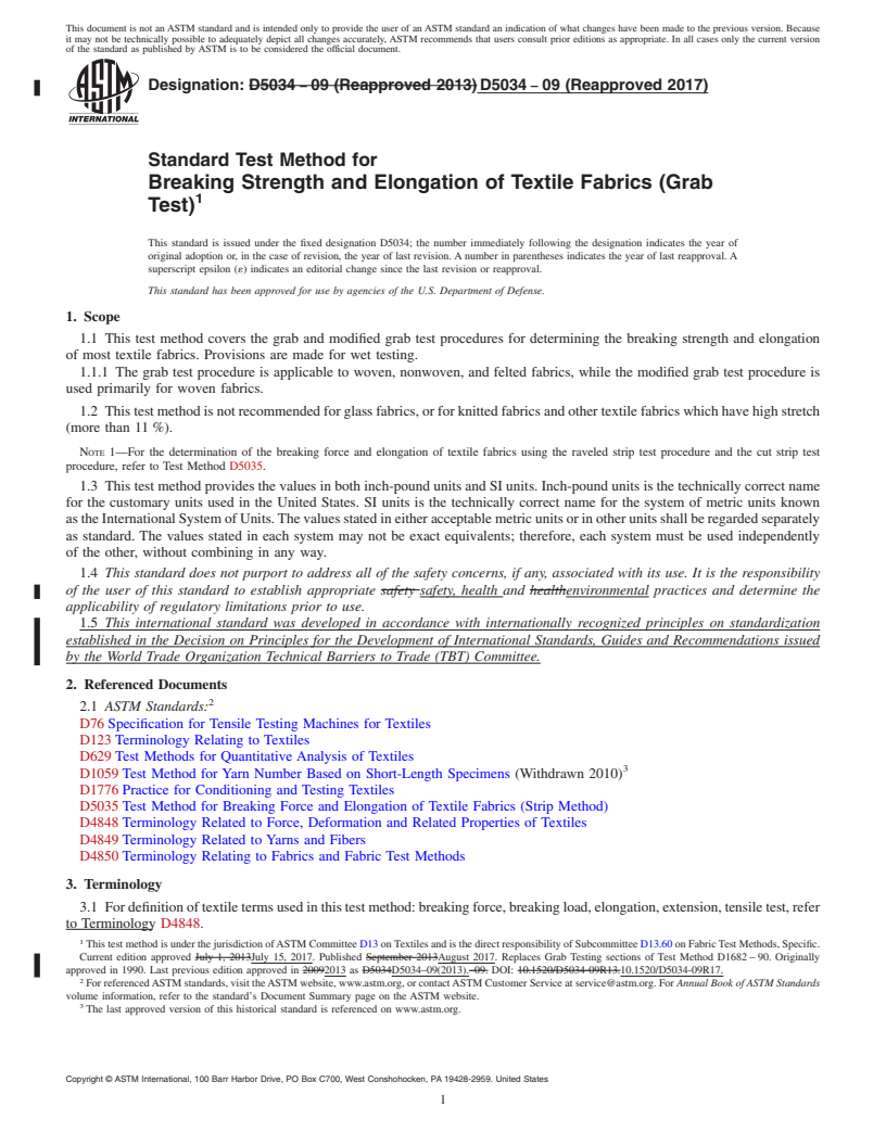 REDLINE ASTM D5034-09(2017) - Standard Test Method for  Breaking Strength and Elongation of Textile Fabrics (Grab Test)