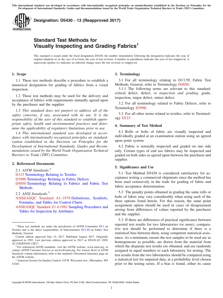 ASTM D5430-13(2017) - Standard Test Methods for  Visually Inspecting and Grading Fabrics