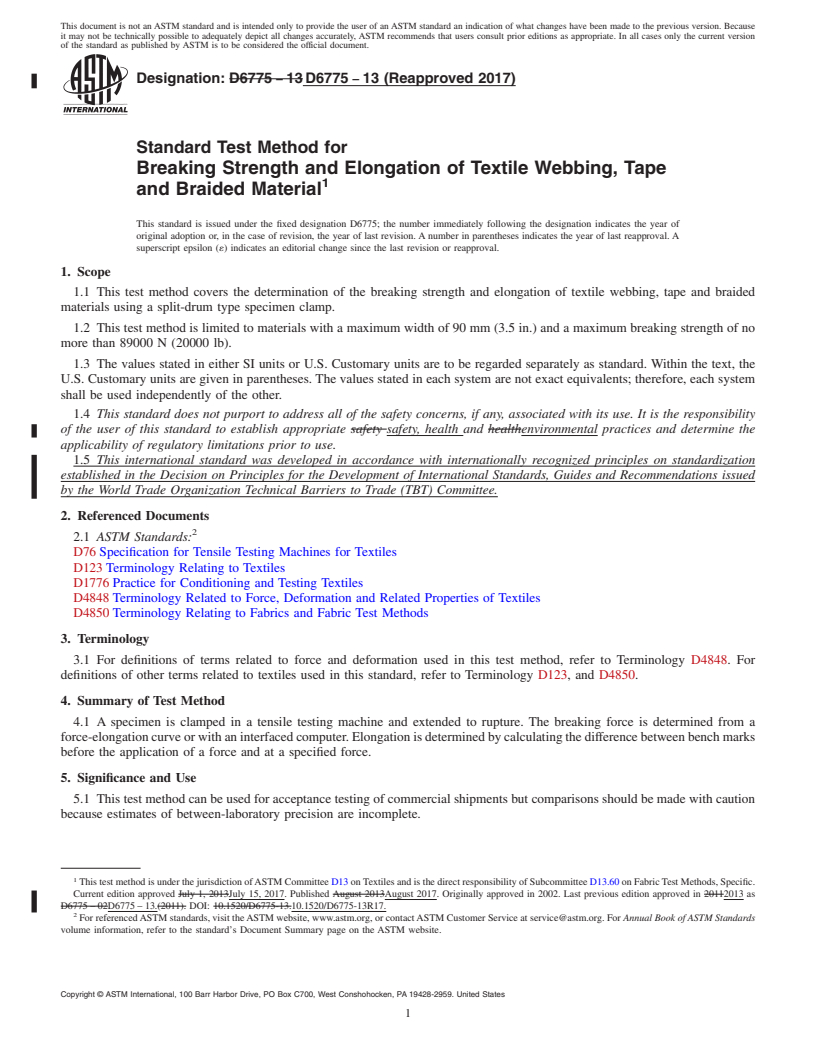 REDLINE ASTM D6775-13(2017) - Standard Test Method for  Breaking Strength and Elongation of Textile Webbing, Tape and  Braided Material