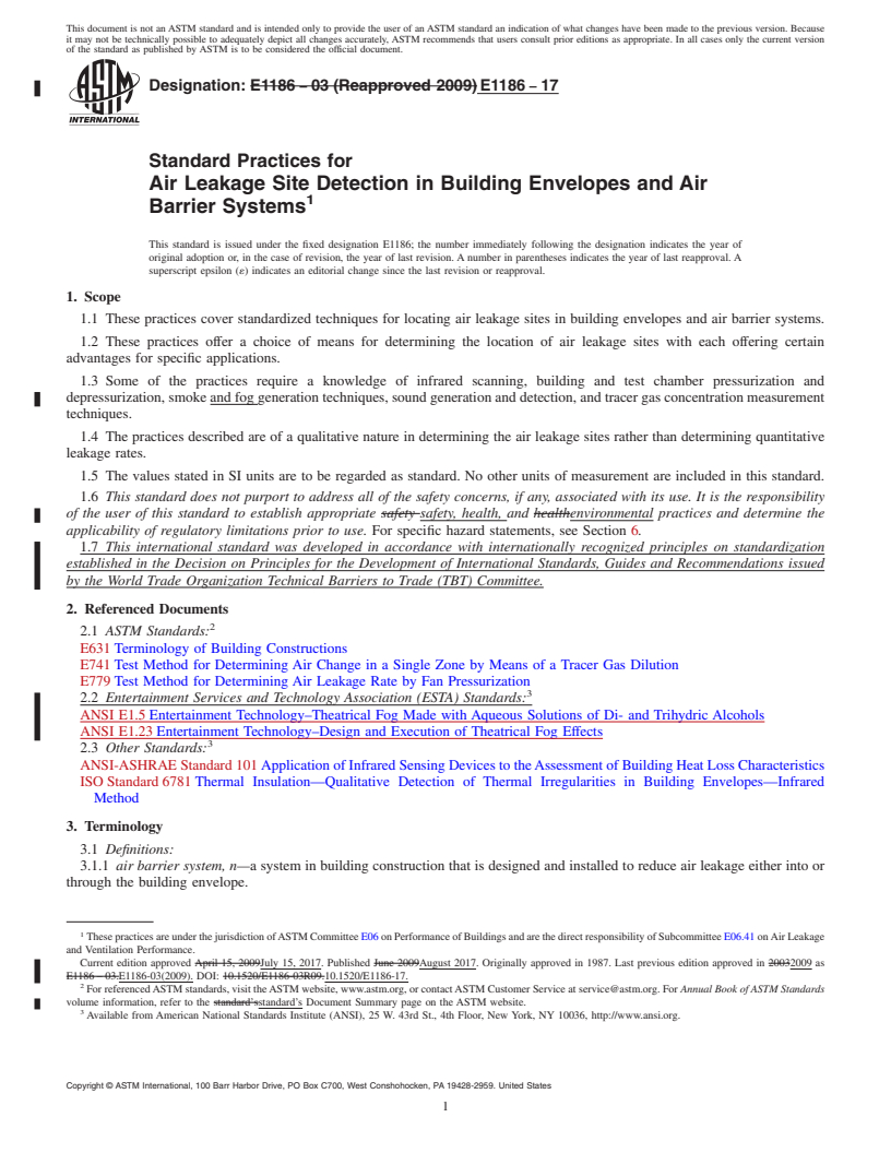 REDLINE ASTM E1186-17 - Standard Practices for Air Leakage Site Detection in Building Envelopes and Air Barrier  Systems