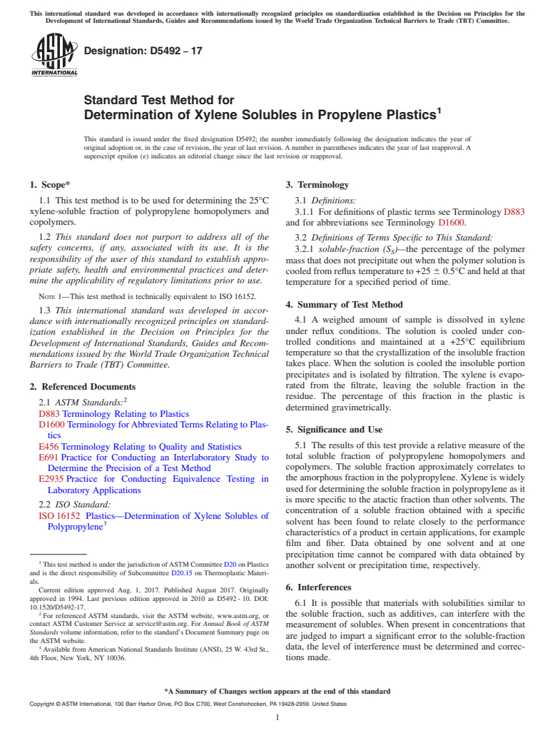 ASTM D5492-17 - Standard Test Method for  Determination of Xylene Solubles in Propylene Plastics