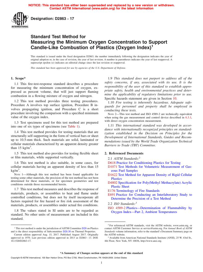 ASTM D2863-17 - Standard Test Method for  Measuring the Minimum Oxygen Concentration to Support Candle-Like  Combustion of Plastics (Oxygen Index)