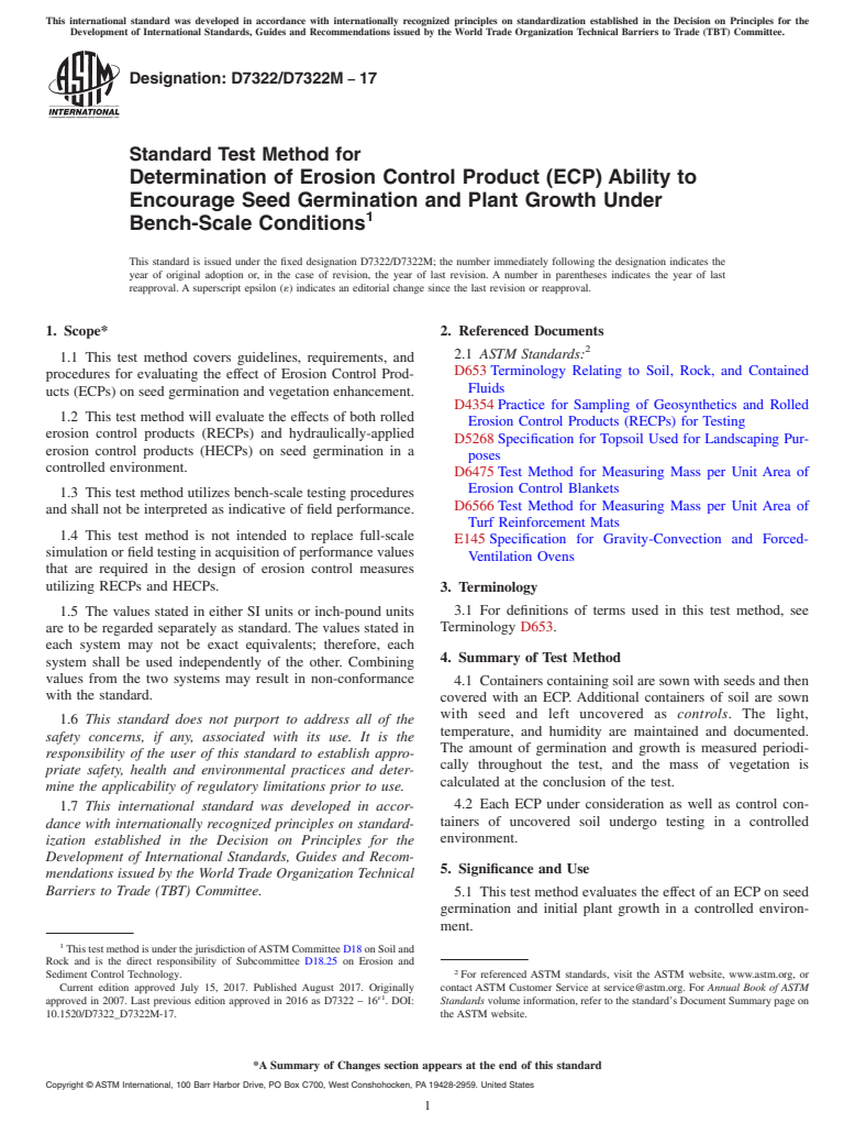 ASTM D7322/D7322M-17 - Standard Test Method for Determination of Erosion Control Product (ECP) Ability to Encourage  Seed Germination and Plant Growth Under Bench-Scale Conditions