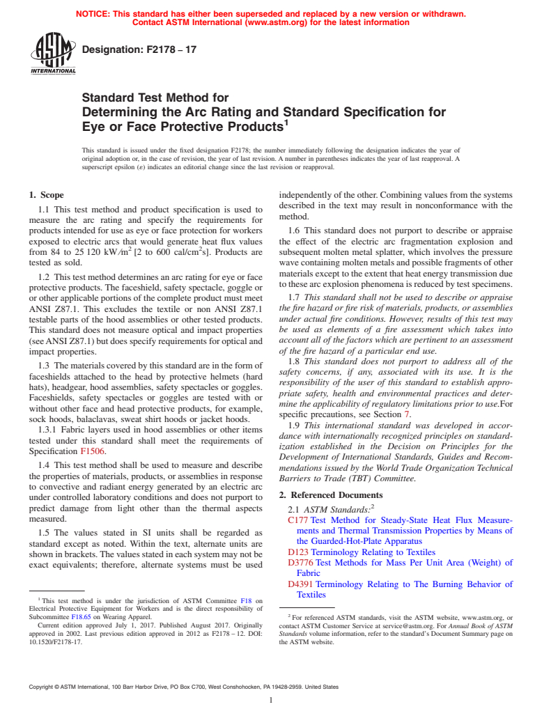 ASTM F2178-17 - Standard Test Method for  Determining the Arc Rating and Standard Specification for Eye  or Face Protective Products