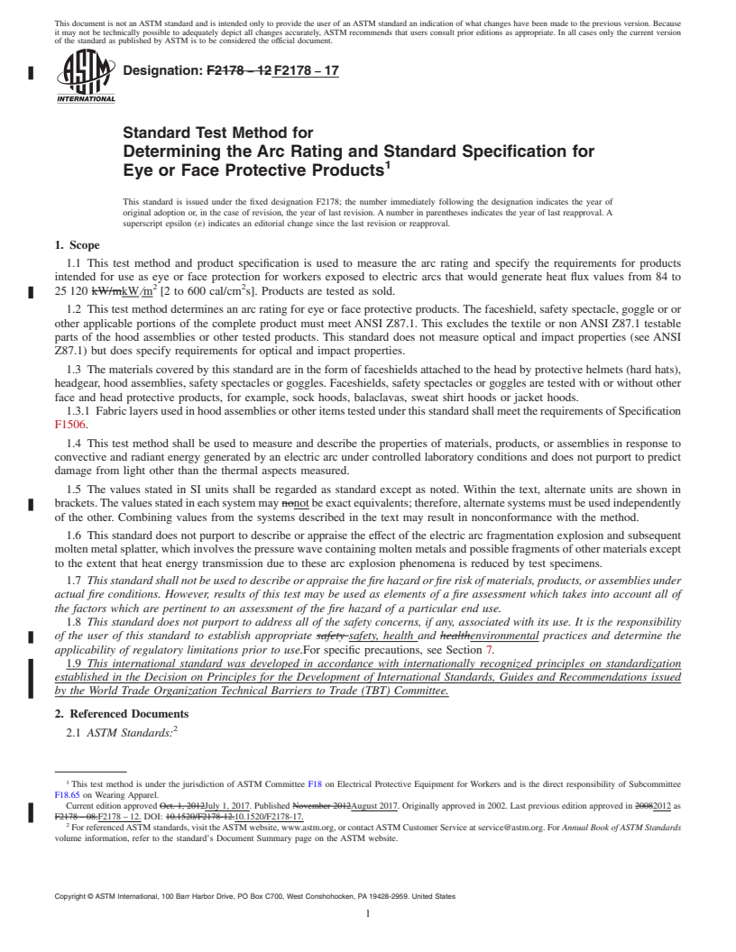 REDLINE ASTM F2178-17 - Standard Test Method for  Determining the Arc Rating and Standard Specification for Eye  or Face Protective Products