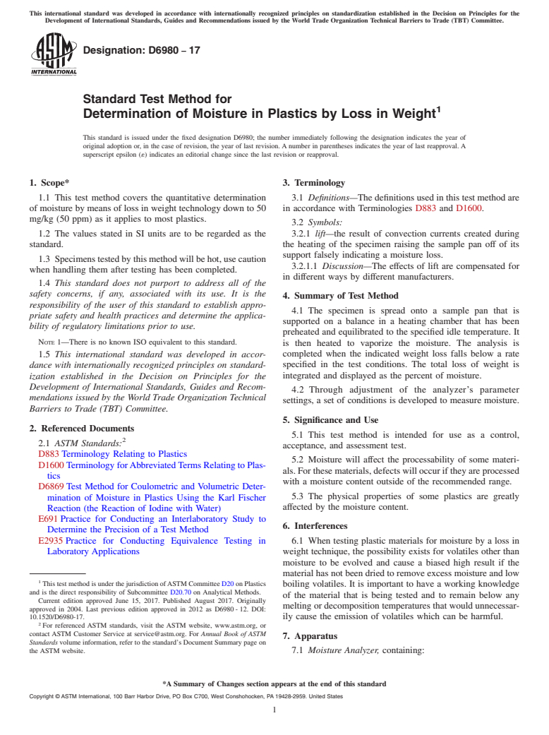 ASTM D6980-17 - Standard Test Method for Determination of Moisture in Plastics by Loss in Weight