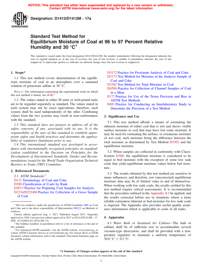 ASTM D1412/D1412M-17a - Standard Test Method for  Equilibrium Moisture of Coal at 96 to 97 Percent Relative Humidity  and 30&#x2009;&#xb0;C