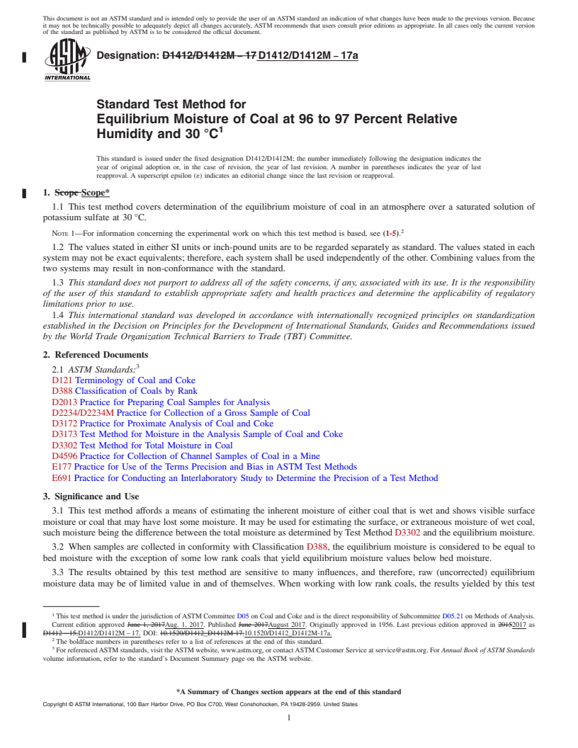 REDLINE ASTM D1412/D1412M-17a - Standard Test Method for  Equilibrium Moisture of Coal at 96 to 97 Percent Relative Humidity  and 30&#x2009;&#xb0;C