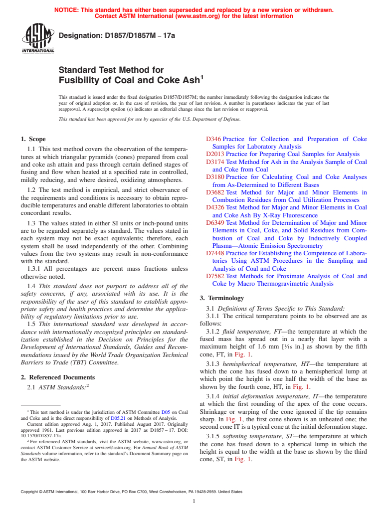 ASTM D1857/D1857M-17a - Standard Test Method for  Fusibility of Coal and Coke Ash