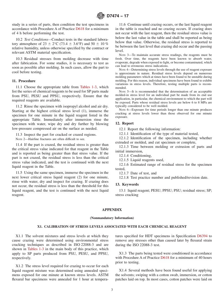 ASTM D7474-17 - Standard Practice for  Determining Residual Stresses in Extruded or Molded Sulfone  Plastic (SP) Parts by Immersion in Various Chemical Reagents