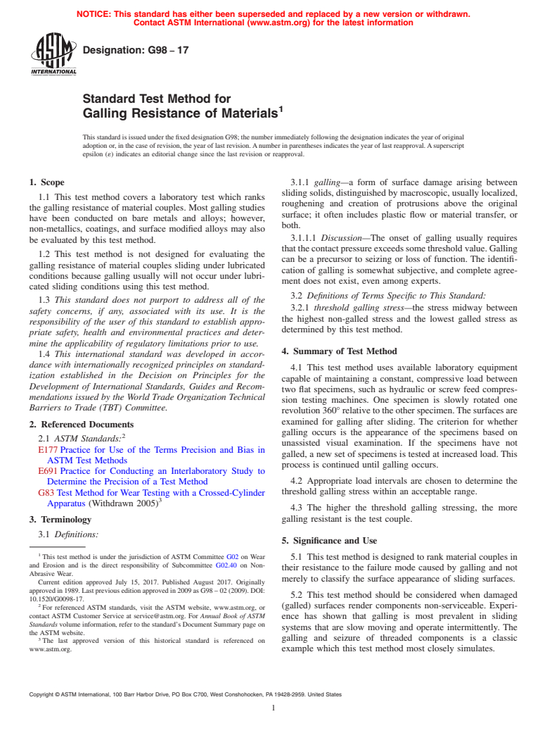 ASTM G98-17 - Standard Test Method for  Galling Resistance of Materials