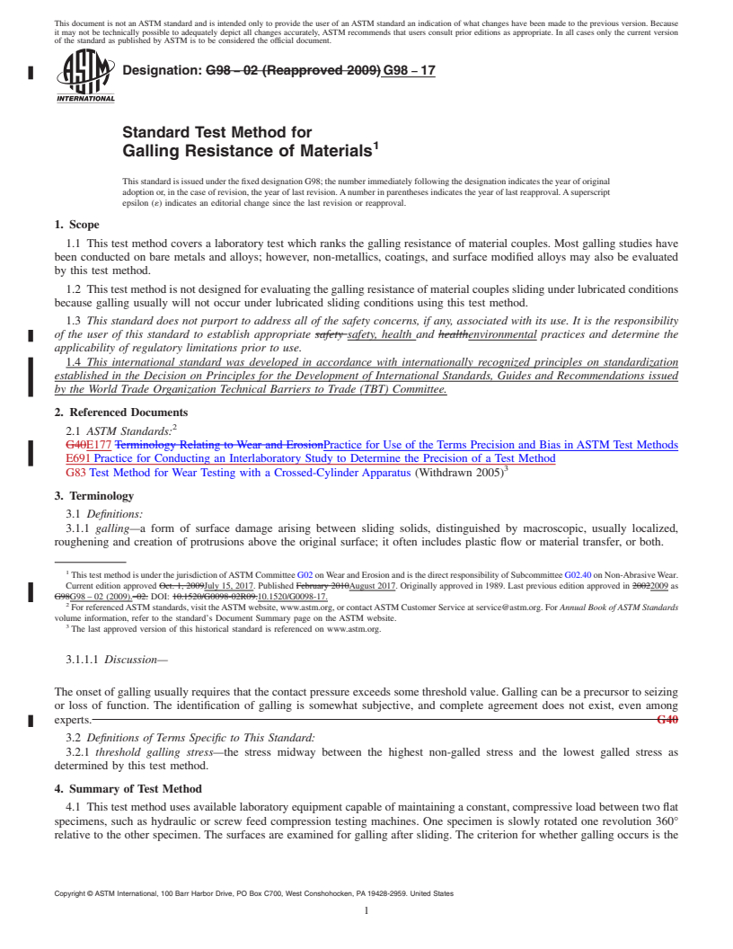 REDLINE ASTM G98-17 - Standard Test Method for  Galling Resistance of Materials