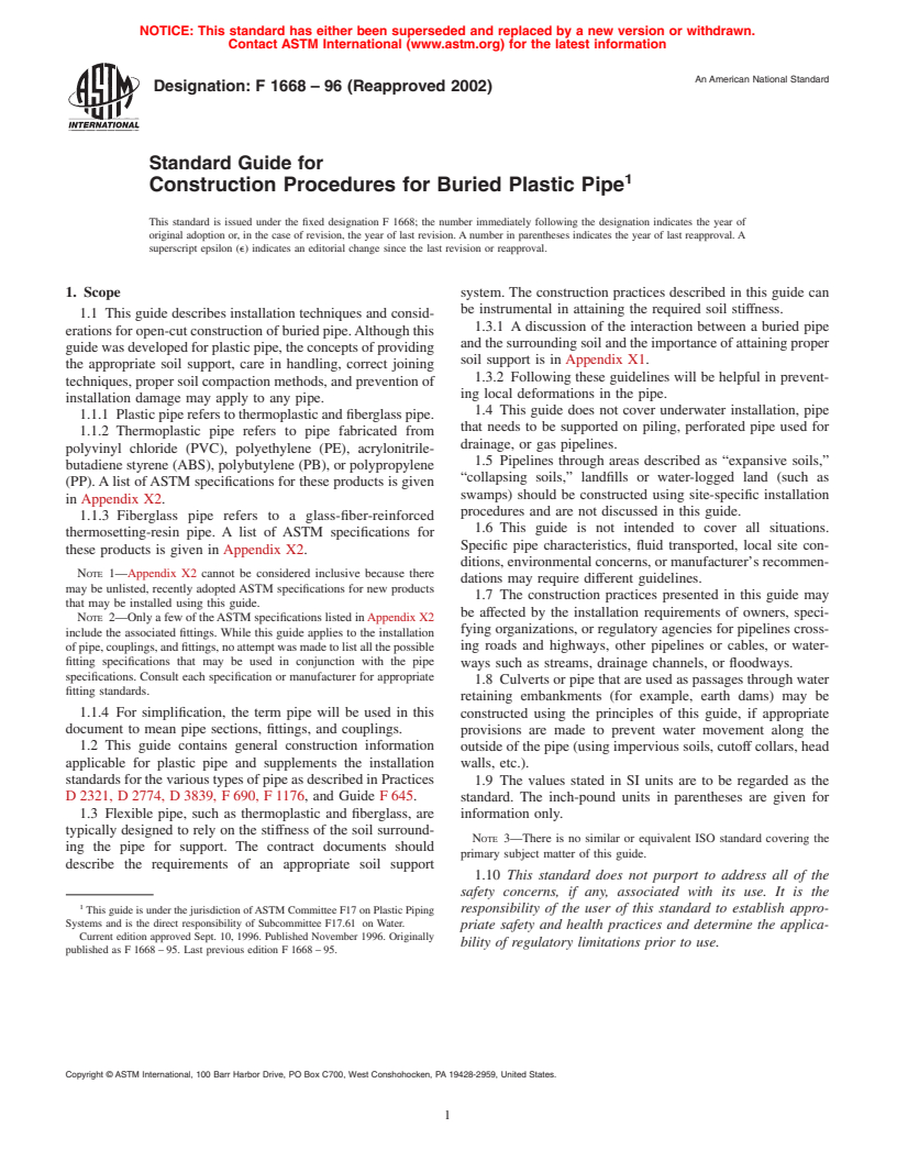 ASTM F1668-96(2002) - Standard Guide for Construction Procedures for Buried Plastic Pipe