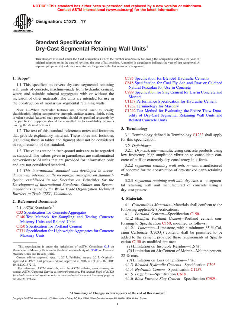 ASTM C1372-17 - Standard Specification for Dry-Cast Segmental Retaining Wall Units