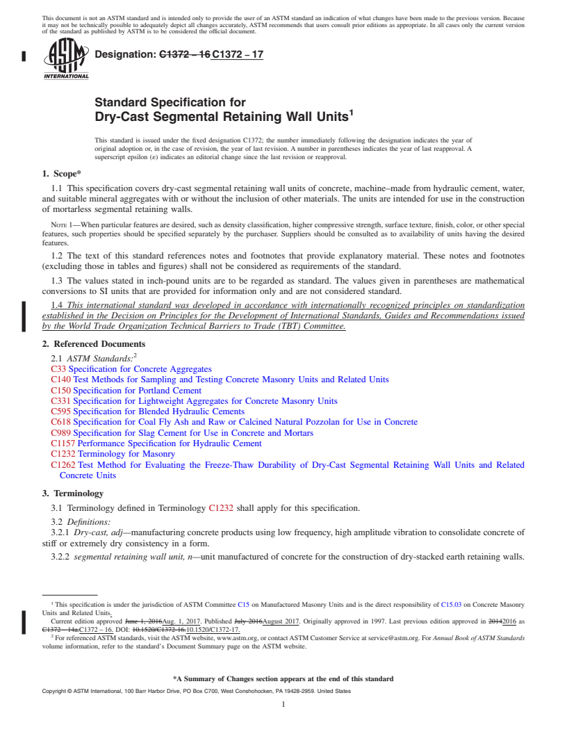 REDLINE ASTM C1372-17 - Standard Specification for Dry-Cast Segmental Retaining Wall Units