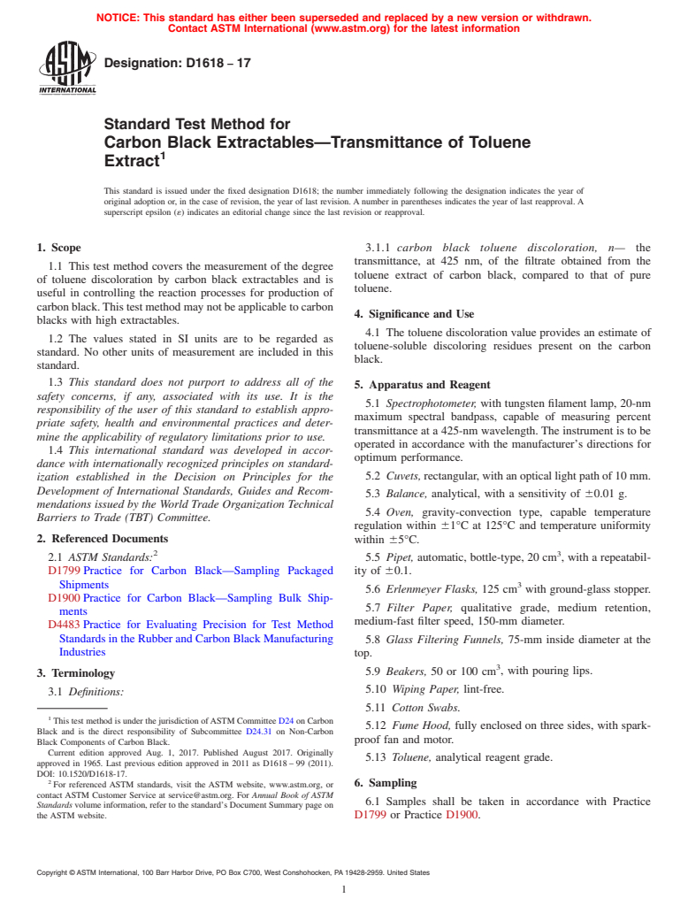 ASTM D1618-17 - Standard Test Method for  Carbon Black Extractables&#x2014;Transmittance of Toluene Extract