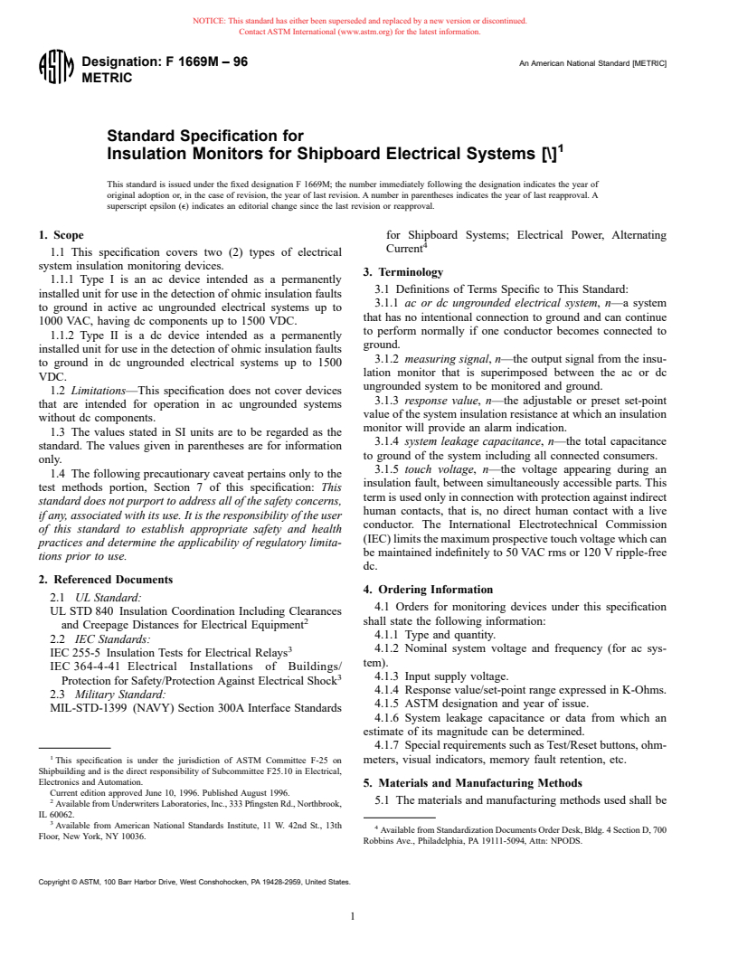 ASTM F1669M-96 - Standard Specification for Insulation Monitors for Shipboard Electrical Systems [Metric]