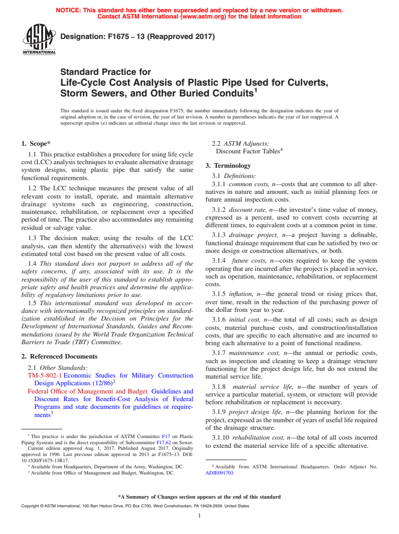 ASTM F1675-13(2017) - Standard Practice for  Life-Cycle Cost Analysis of Plastic Pipe Used for Culverts,  Storm Sewers, and Other Buried Conduits