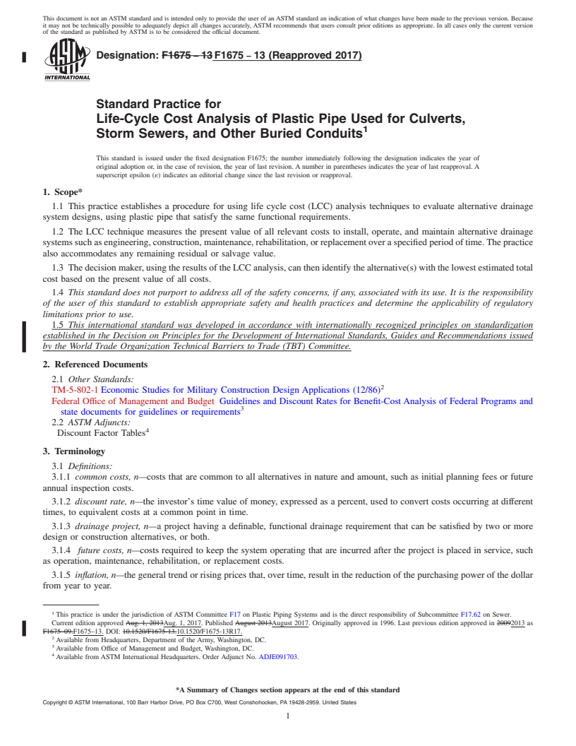 REDLINE ASTM F1675-13(2017) - Standard Practice for  Life-Cycle Cost Analysis of Plastic Pipe Used for Culverts,  Storm Sewers, and Other Buried Conduits