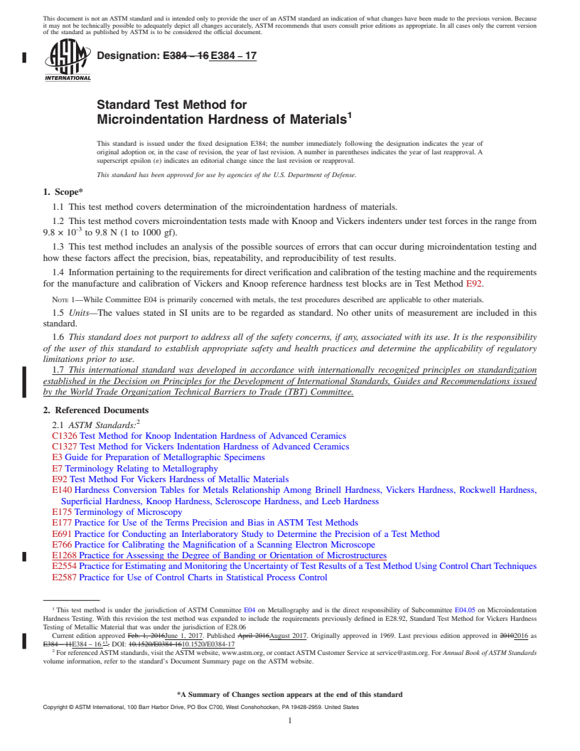 REDLINE ASTM E384-17 - Standard Test Method for Microindentation Hardness of Materials