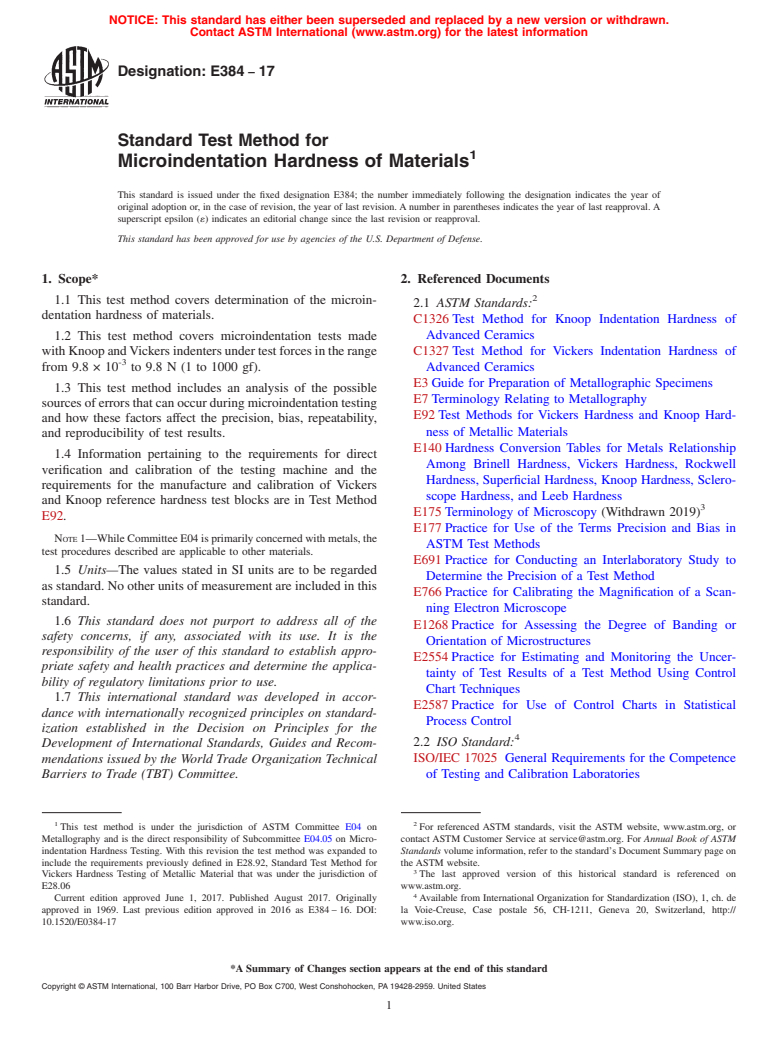 ASTM E384-17 - Standard Test Method for Microindentation Hardness of Materials