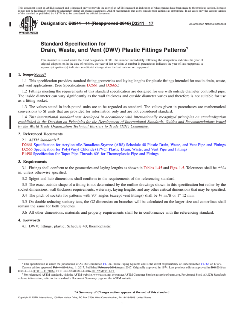 REDLINE ASTM D3311-17 - Standard Specification for Drain, Waste, and Vent (DWV) Plastic Fittings Patterns