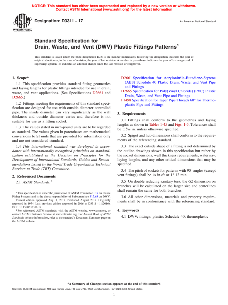 ASTM D3311-17 - Standard Specification for Drain, Waste, and Vent (DWV) Plastic Fittings Patterns