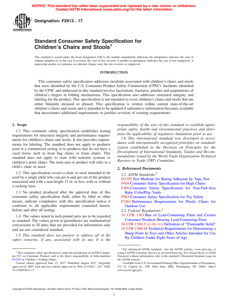 ASTM F2613-17 - Standard Consumer Safety Specification for  Children's Chairs and Stools