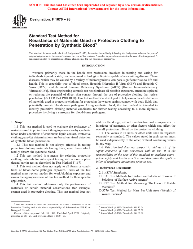 ASTM F1670-98 - Standard Test Method for Resistance of Materials Used in Protective Clothing to Penetration by Synthetic Blood