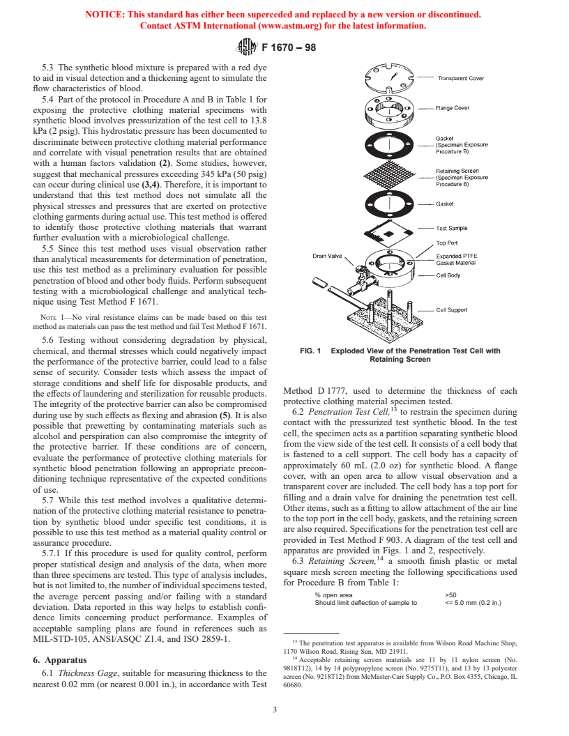 ASTM F1670-98 - Standard Test Method for Resistance of Materials Used in Protective Clothing to Penetration by Synthetic Blood