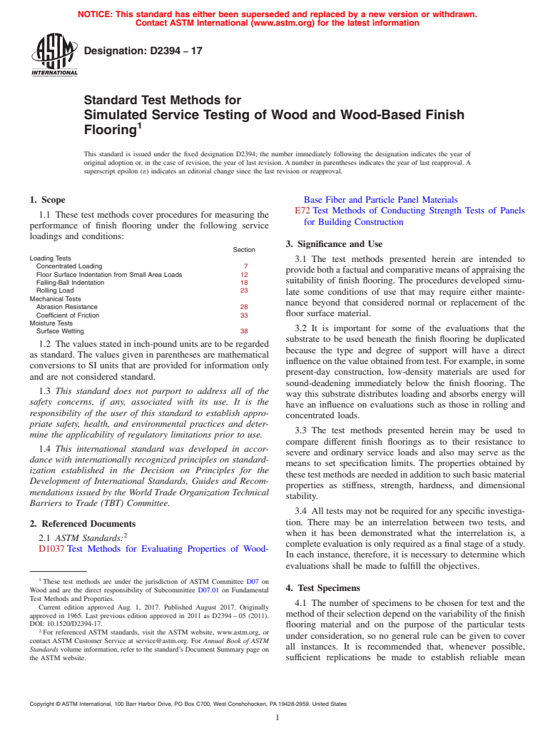 ASTM D2394-17 - Standard Test Methods for Simulated Service Testing of Wood and Wood-Based Finish Flooring