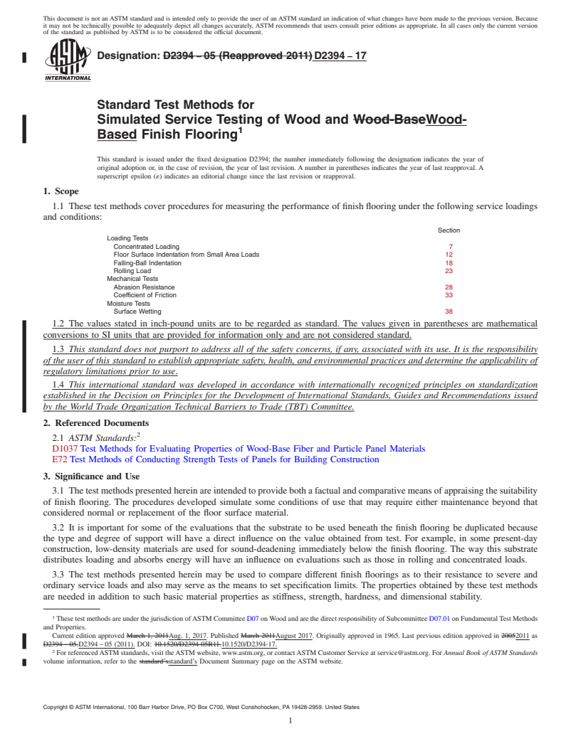 REDLINE ASTM D2394-17 - Standard Test Methods for Simulated Service Testing of Wood and Wood-Based Finish Flooring