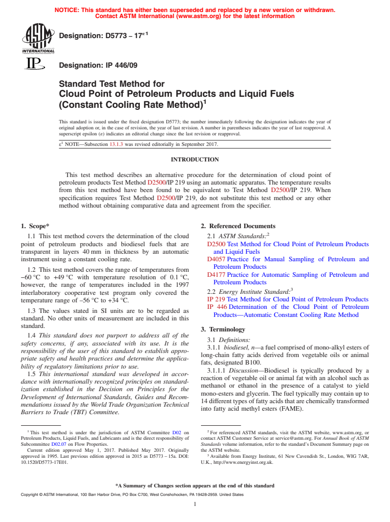 ASTM D5773-17e1 - Standard Test Method for  Cloud Point of Petroleum Products and Liquid Fuels (Constant  Cooling Rate Method)