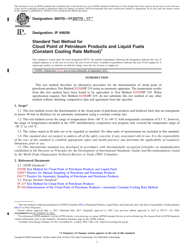 REDLINE ASTM D5773-17e1 - Standard Test Method for  Cloud Point of Petroleum Products and Liquid Fuels (Constant  Cooling Rate Method)