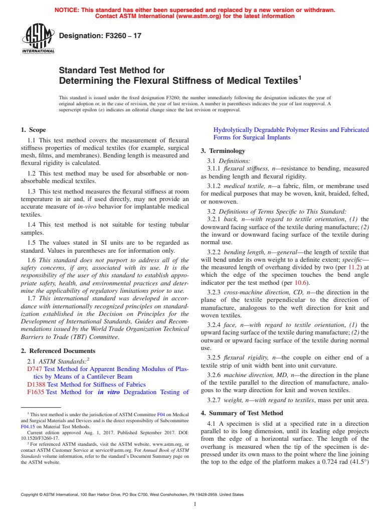 ASTM F3260-17 - Standard Test Method for Determining the Flexural Stiffness of Medical Textiles