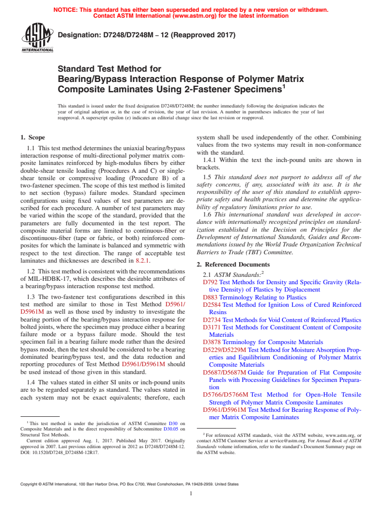 ASTM D7248/D7248M-12(2017) - Standard Test Method for Bearing/Bypass Interaction Response of Polymer Matrix Composite  Laminates Using 2-Fastener Specimens