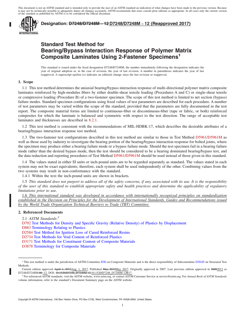 REDLINE ASTM D7248/D7248M-12(2017) - Standard Test Method for Bearing/Bypass Interaction Response of Polymer Matrix Composite  Laminates Using 2-Fastener Specimens