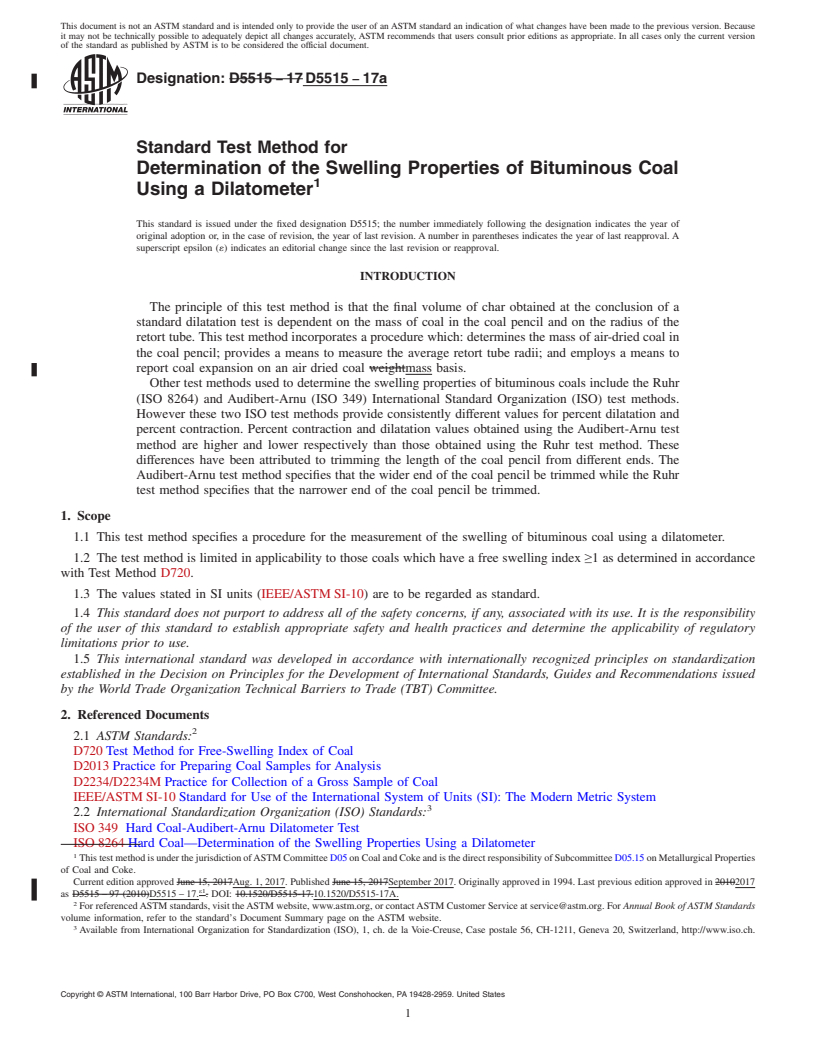 REDLINE ASTM D5515-17a - Standard Test Method for  Determination of the Swelling Properties of Bituminous Coal  Using a Dilatometer